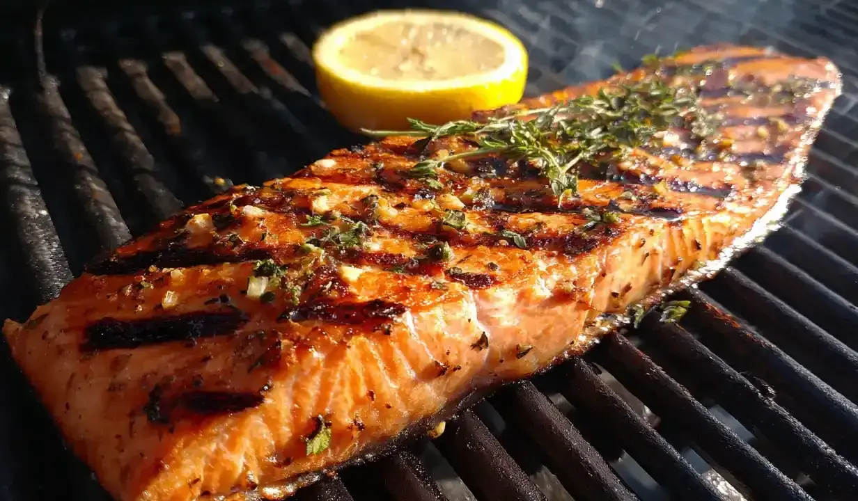 En saftig laxfilé med örter och citron ligger på grillen. Det ryker gott från den perfekta grilla laxen.
