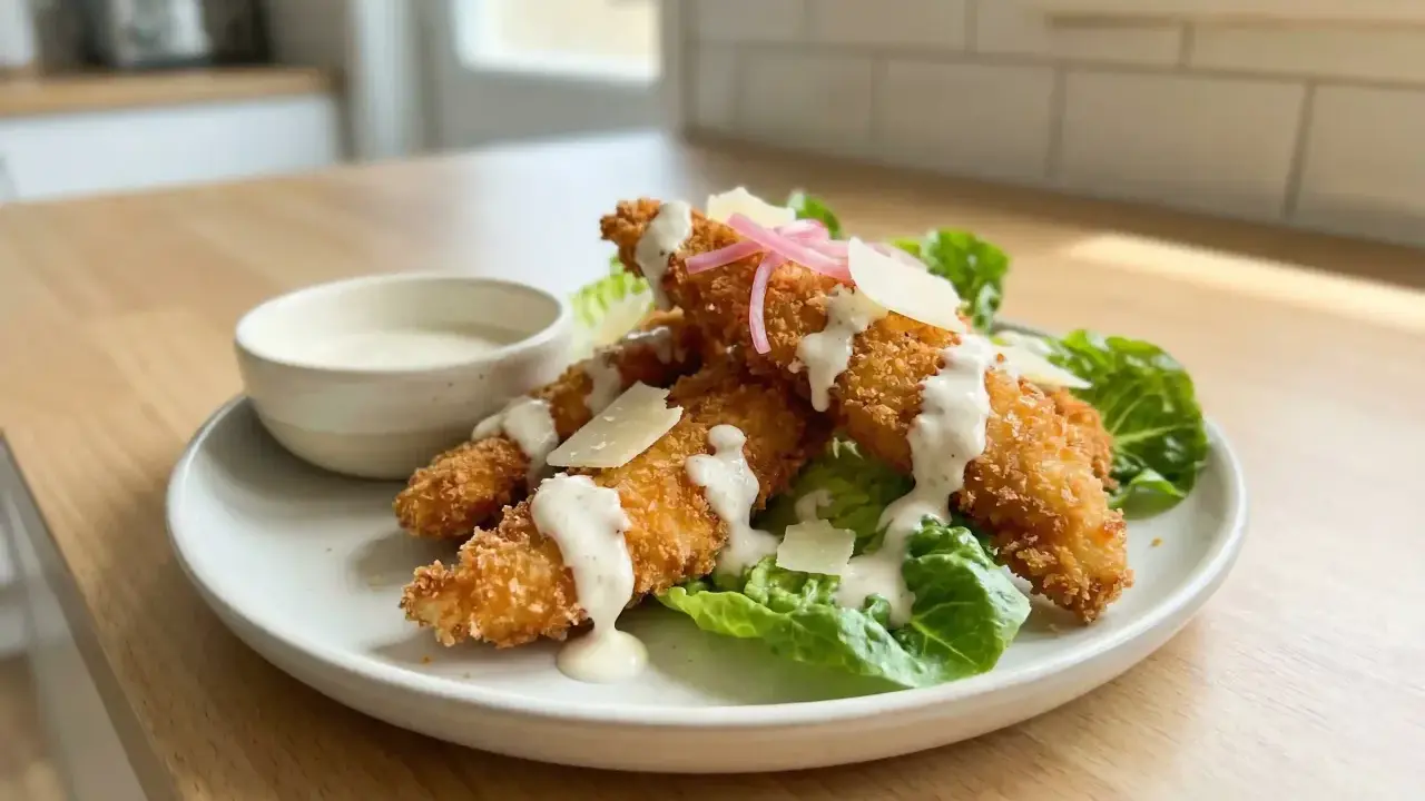 Krispiga bitar av panerad kyckling serveras på salladsbädd med krämig dressing och parmesan.