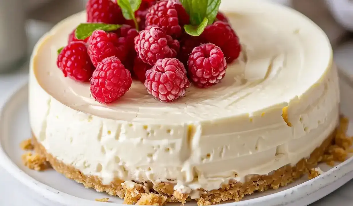 En krämig fryst cheesecake toppad med färska hallon och myntablad. Perfekt för en sommarfest.