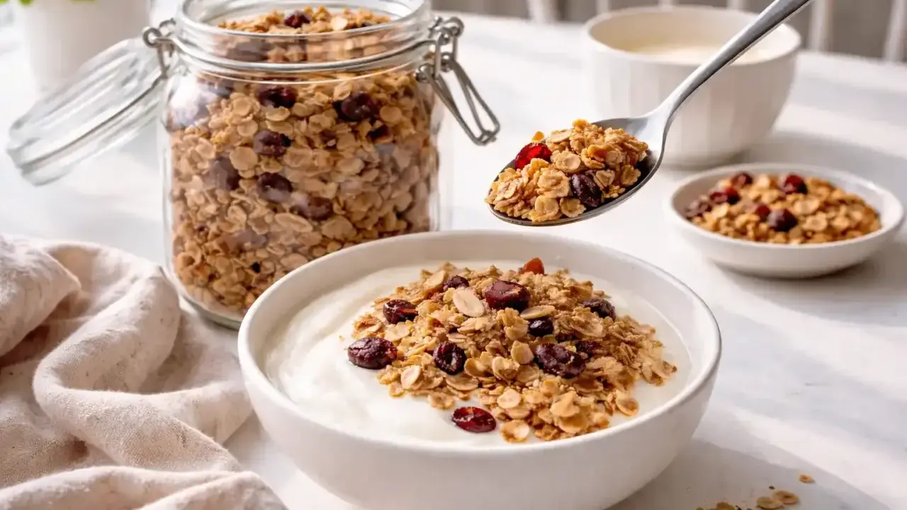 En sked med hemgjord egen granola med torkade bär toppar en skål med yoghurt. En burk med granola står bredvid.