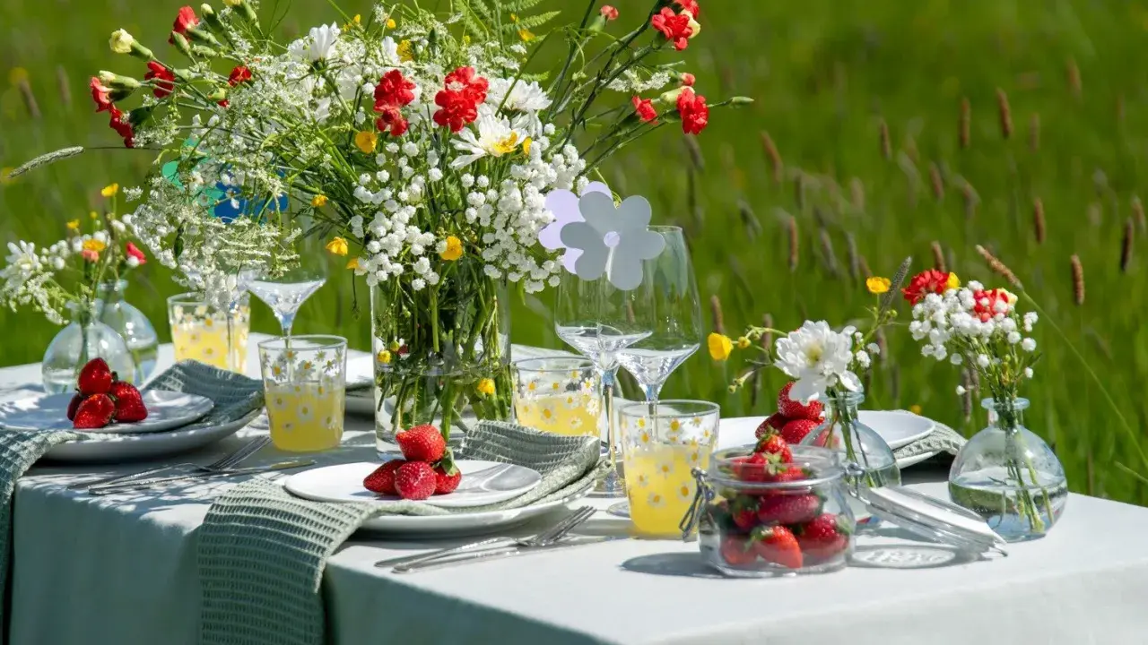 Vackert dukat bord med blommor och jordgubbar för att duka till midsommar.