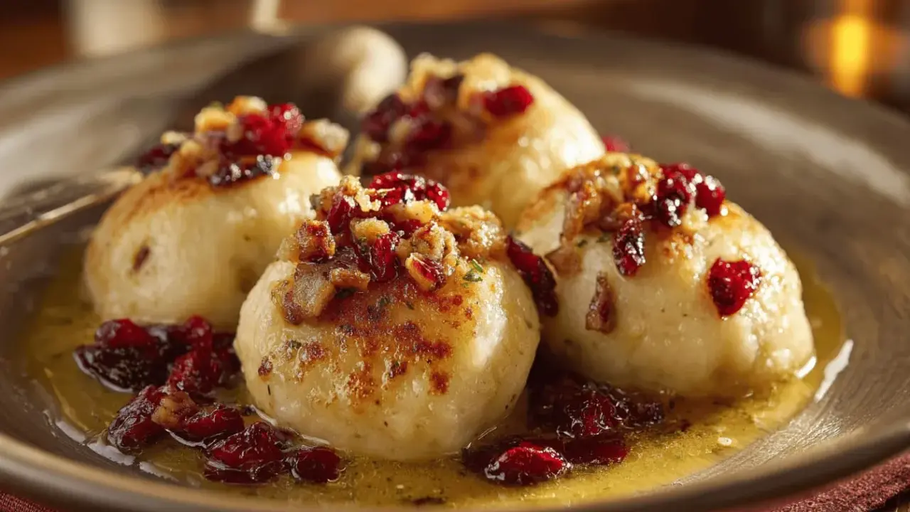 Kroppkakor recept: fyra gyllene kroppkakor med lingon och knaprigt fläsk i en skål.