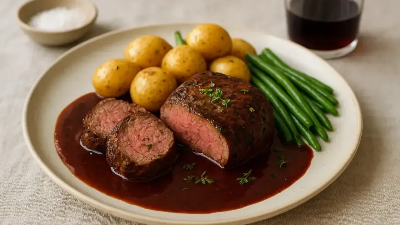 Saftig oxfilé med rödvinssås, småpotatis och gröna bönor. Ett perfekt oxfile recept för en fin middag.