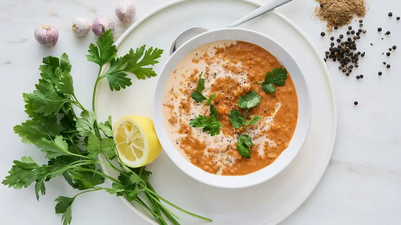 En krämig linssoppa, perfekt för ett snabbt och smakrikt linssoppa recept. Garnerad med färsk persilja, citron och kryddor.