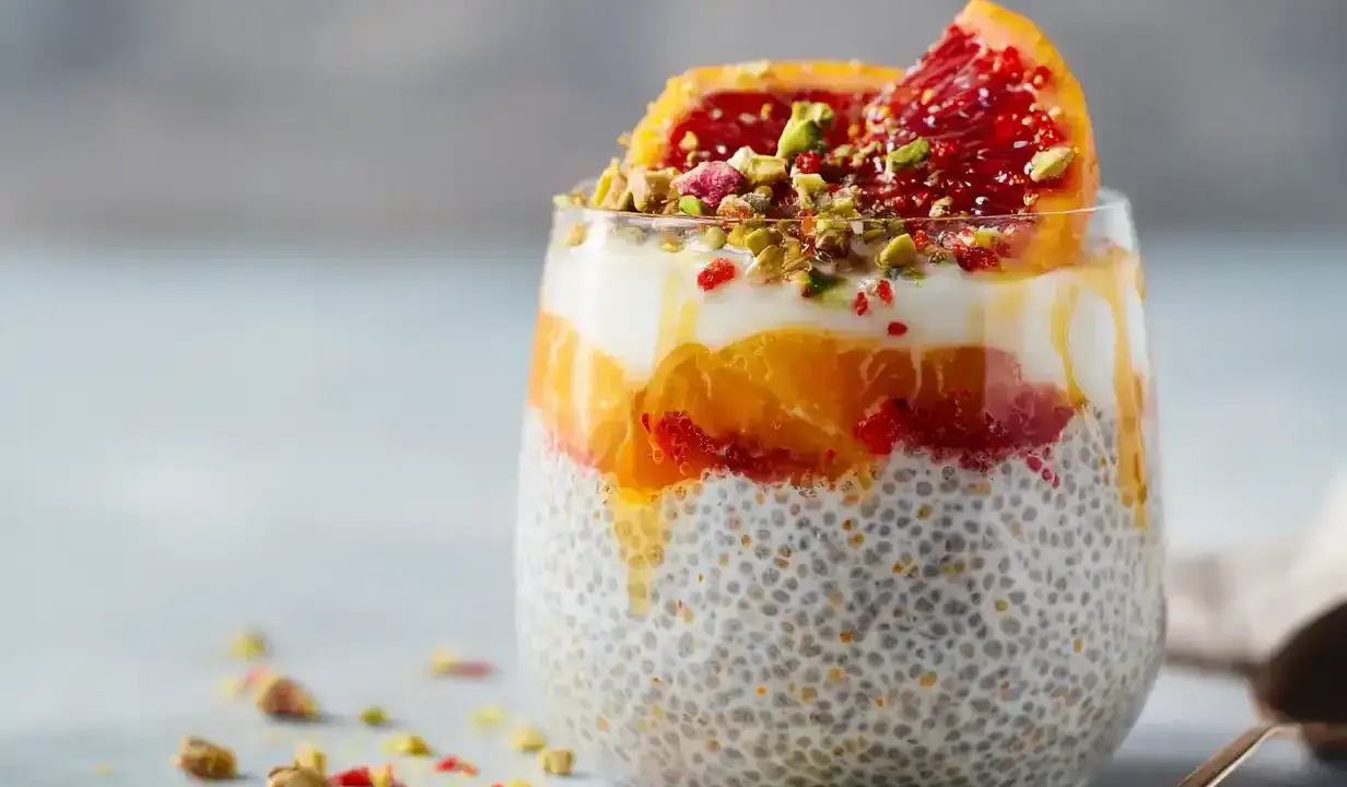 En läcker chiapudding med kvarg, apelsin och blodapelsin, toppad med pistagenötter.