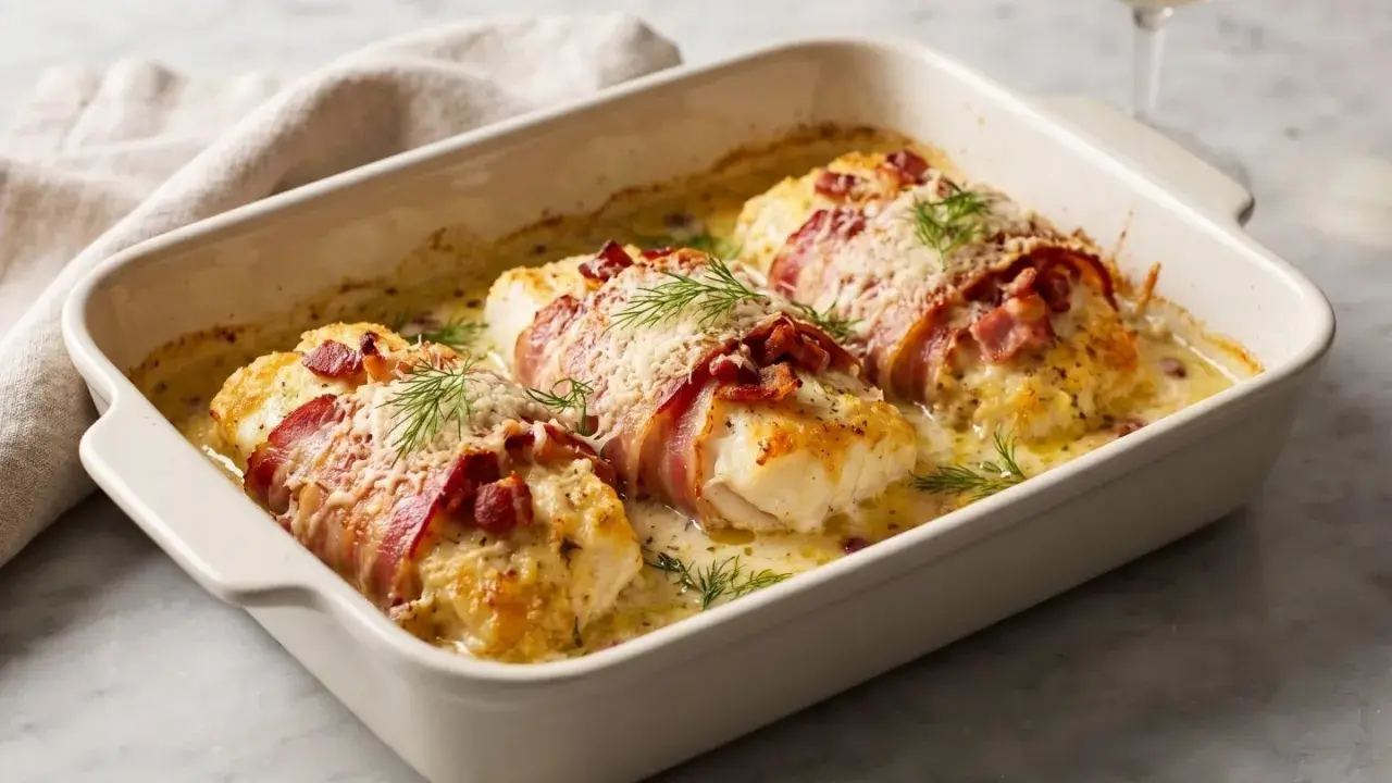 Tre saftiga bitar torskrygg med bacon, gratinerade i en krämig sås med dill och ost. En festlig rätt som passar perfekt till helgen.