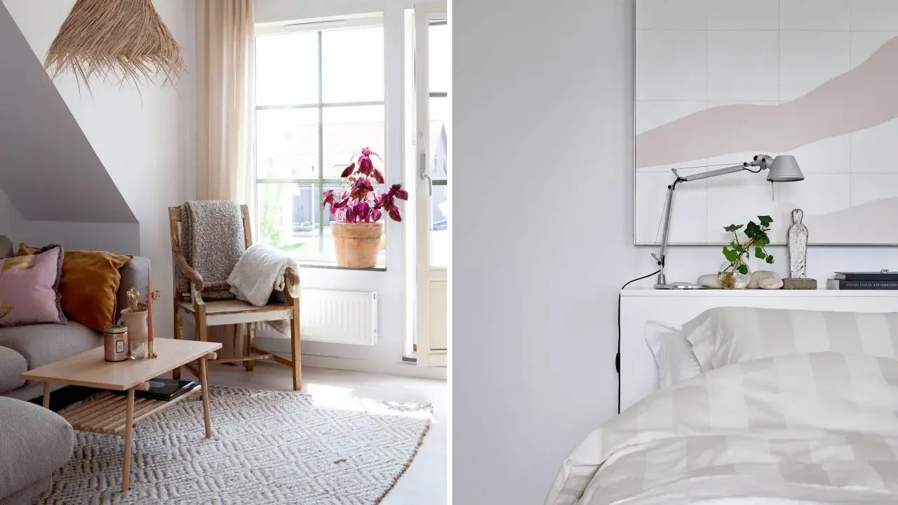 Två rum i rad: ett mysigt vardagsrum med soffa, kaffebord och en stol vid fönstret, samt ett sovrum med säng och konst på väggen.