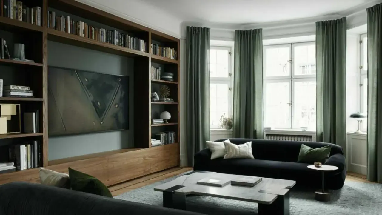 En elegant bokhylla inspiration med mörk träinramning, inbyggd TV och konstverk. Gröna gardiner ramar in fönstren i ett stilrent vardagsrum.