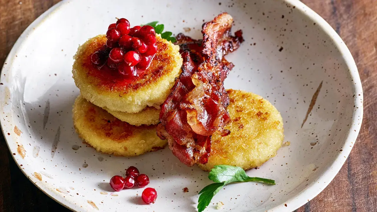 Gyllene potatisbullar med lingon och knaperstekt bacon. Ett klassiskt svenskt potatisbullar recept som passar perfekt till helgfrukosten.