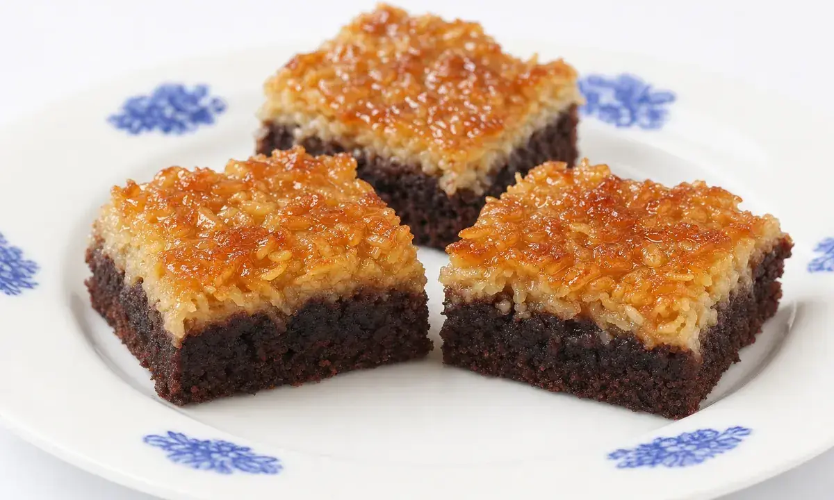 Tre bitar chokladkaka med kokostäcke på en vit tallrik med blå blommor. Ett gott ryttarkaka recept.