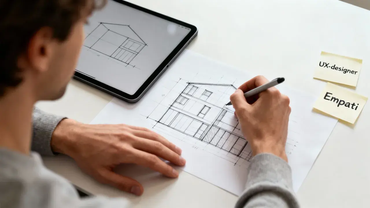 En person skissar ett hus, en del av ett inredare jobb. Bredvid ligger lappar med "UX-designer" och "Empati".