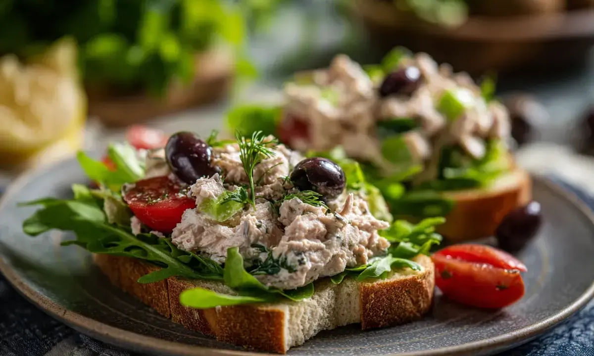 Två smörgåsar med tonfisk sallad, ruccola, tomater och oliver på en tallrik.