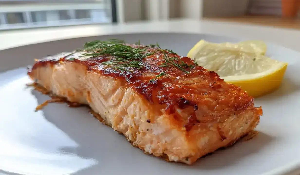 Saftig lax i airfryer, perfekt tillagad med krispig yta och toppad med färsk dill. Serveras med citronklyftor.