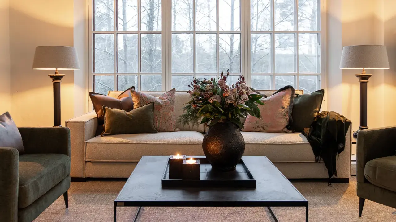 En soffgrupp med klassisk design, prydd med kuddar och en bukett blommor. Två golvlampor ger ett varmt sken.