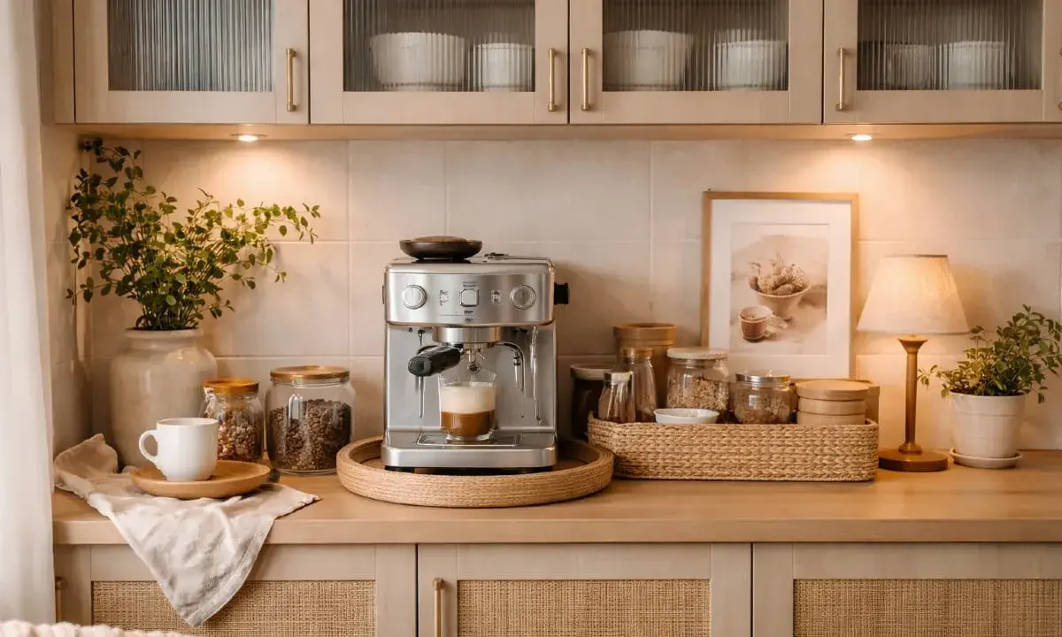 En mysig kaffestation hemma med espressomaskin, kaffebönor i burkar, en vit kopp och en grön växt.