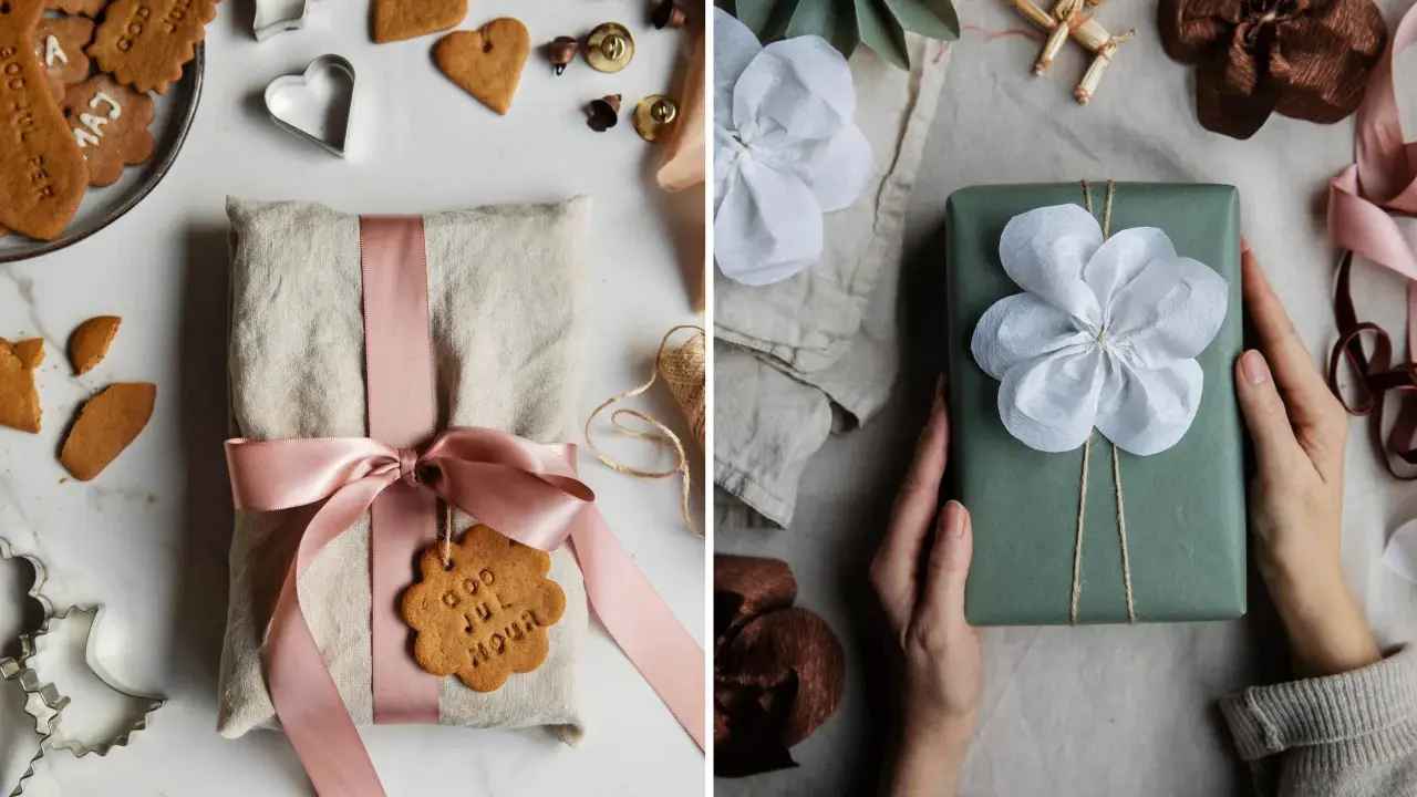 Två fina inslagningar: en med linneband och pepparkaksdekoration, en annan med grönt papper och pappersblomma.