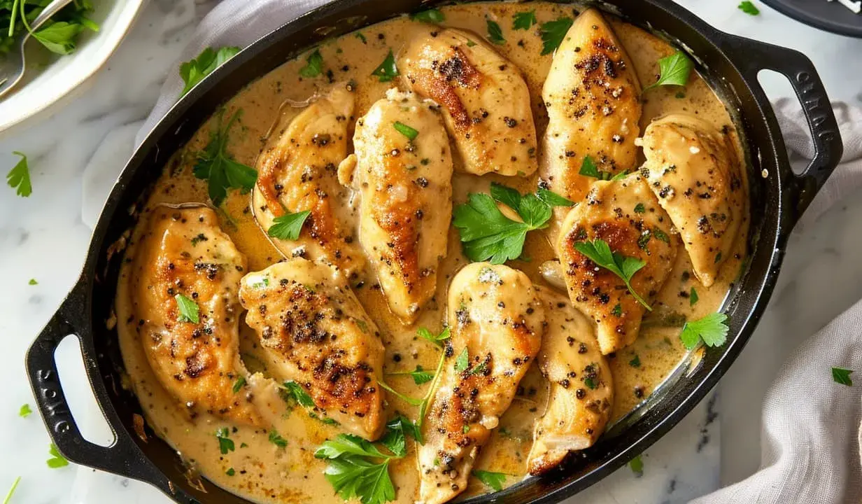Enkelt kyckling recept med krämig sås och peppar, garnerad med persilja. Perfekt för en snabb middag.