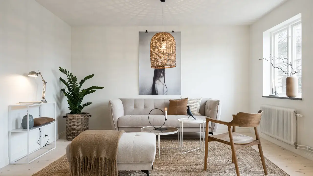 En ljus och luftig lounge med en bekväm soffa, en pall med en filt i honungsgyllene nyanser och en trästol. En stor flätad lampa ger ett varmt sken.