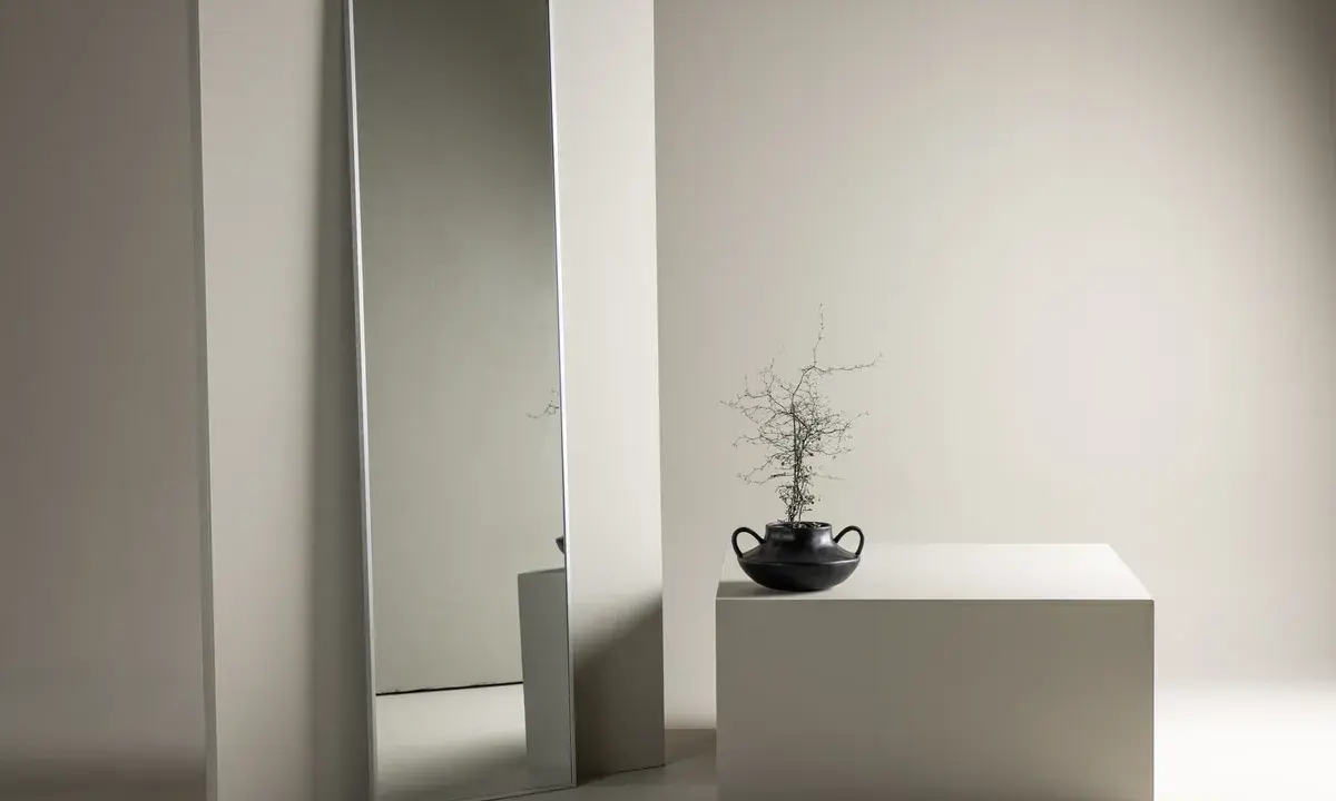 En lång, smal spegel ger spegel inspiration till ett minimalistiskt rum. En svart vas med en gren står på en vit kub.