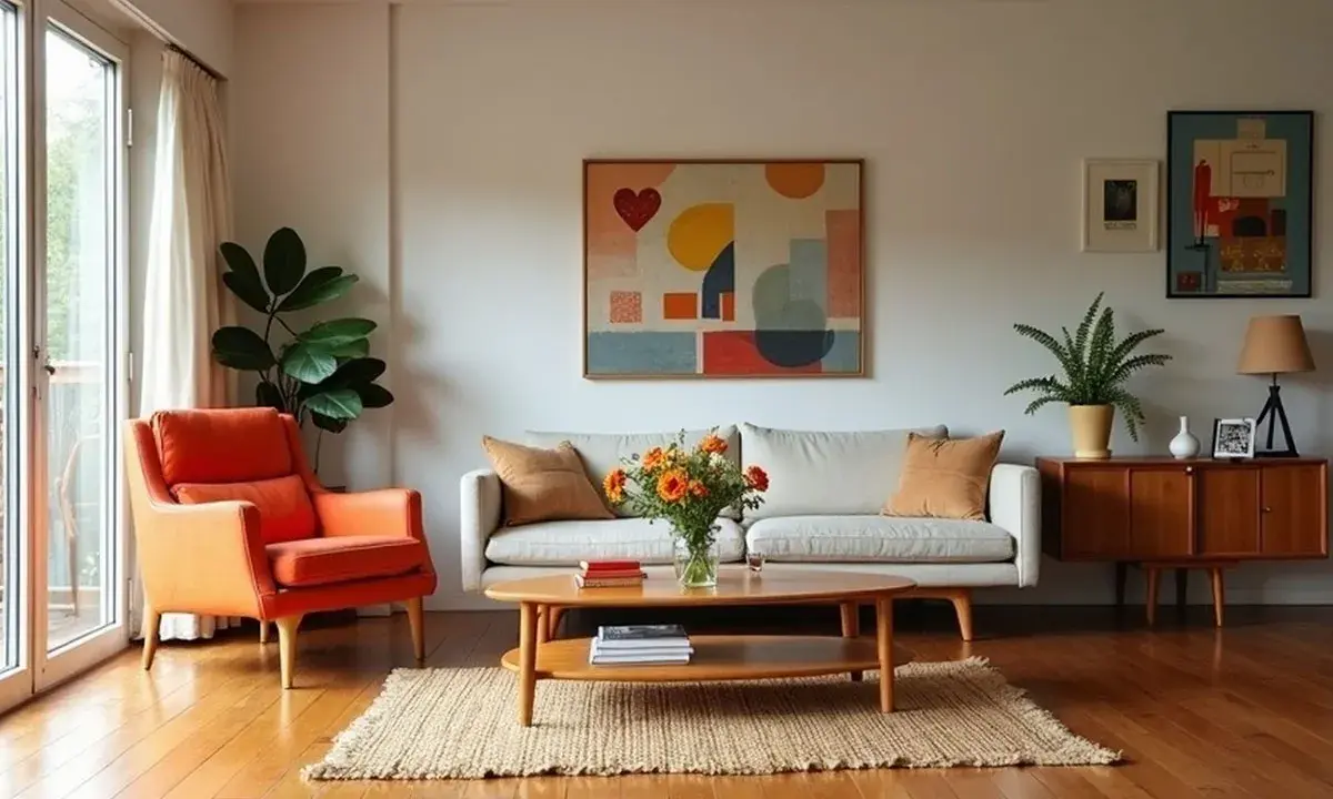 Mysigt vardagsrum med orange fåtölj, soffa, träbord och konst. Perfekt för second hand online inredning.