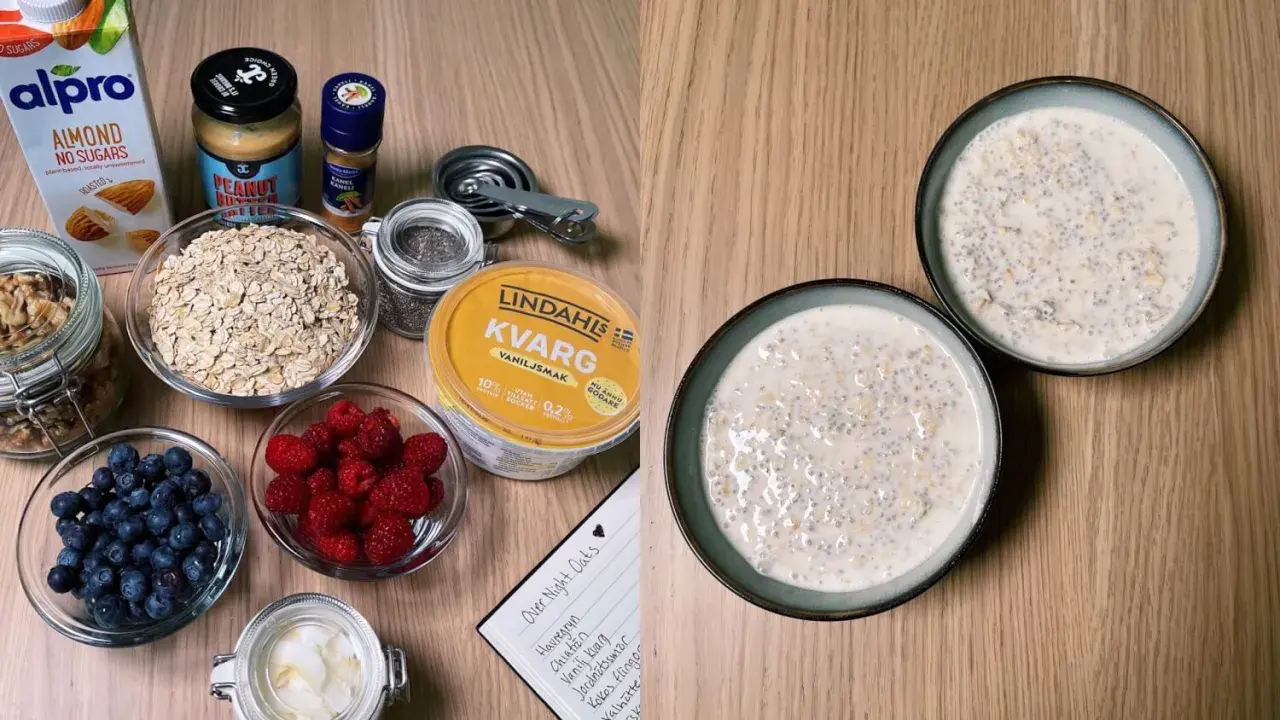 Ingredienser för overnight oats med kvarg: havregryn, bär, nötter, mandeldryck, jordnötssmör och kanel. Färdig gröt i skålar.