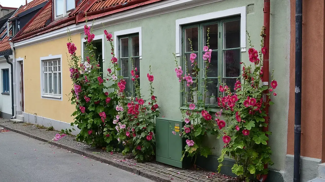 Stockrosor perenn klättrar längs en ljusgrön fasad med rosa blommor.