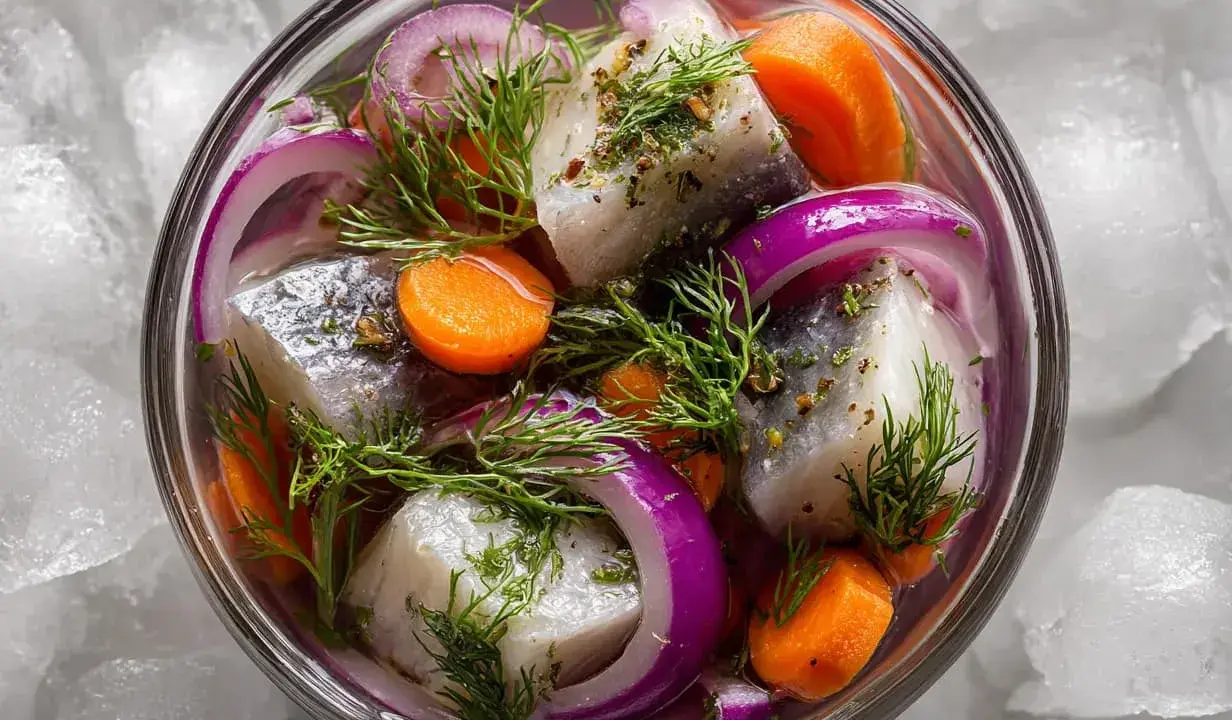 En skål med inlagd sill, morötter, rödlök och dill, omgiven av is. En klassisk svensk delikatess.