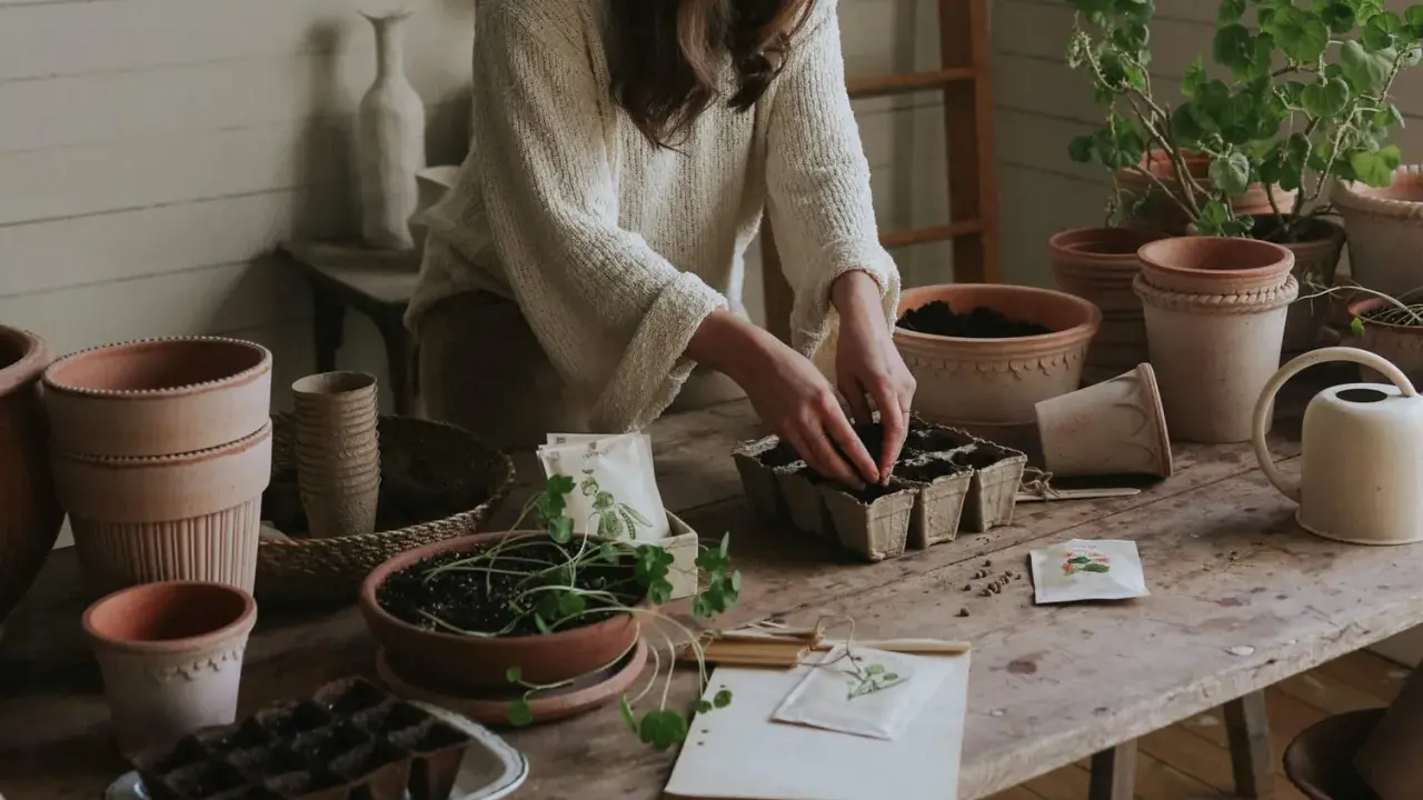 Person sår frön i krukor, bland annat för artemisia absinthium. Terracottakrukor och en vattenkanna står på bordet.