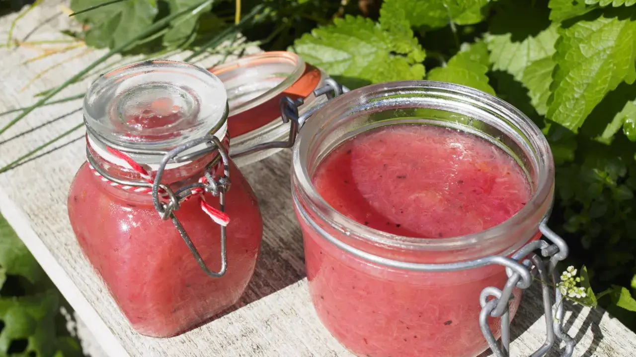Två glasburkar med hemgjord rabarbermarmelad står på en träbänk utomhus, omgivna av gröna blad.