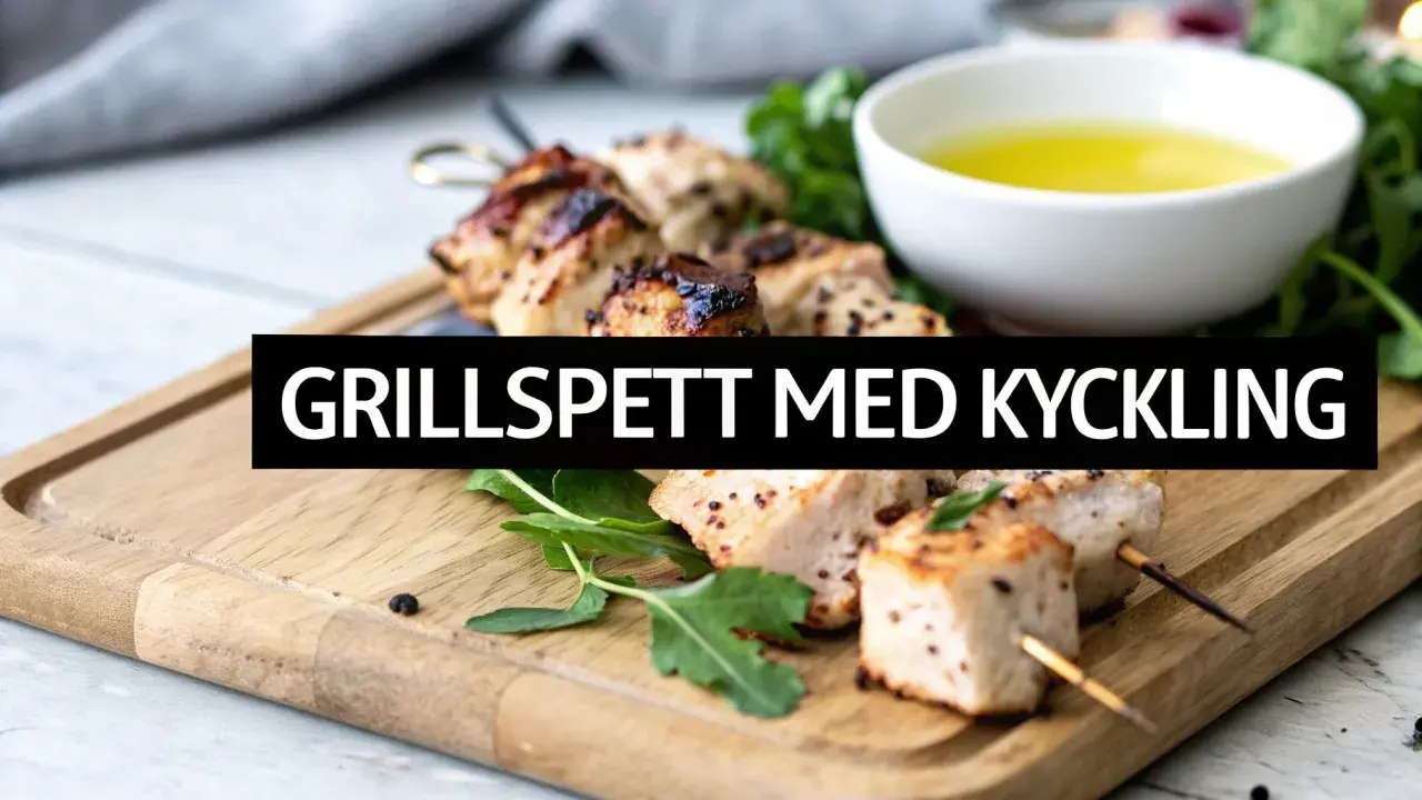 Grillspett med kyckling på en träskärbräda, redo för ett gott grillspett recept. Serveras med en skål med olja och grönsaker.
