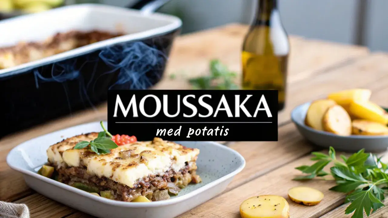 En väldoftande moussaka med potatis, serverad i en ugnsform. Rätten är dekorerad med basilika och tomater.
