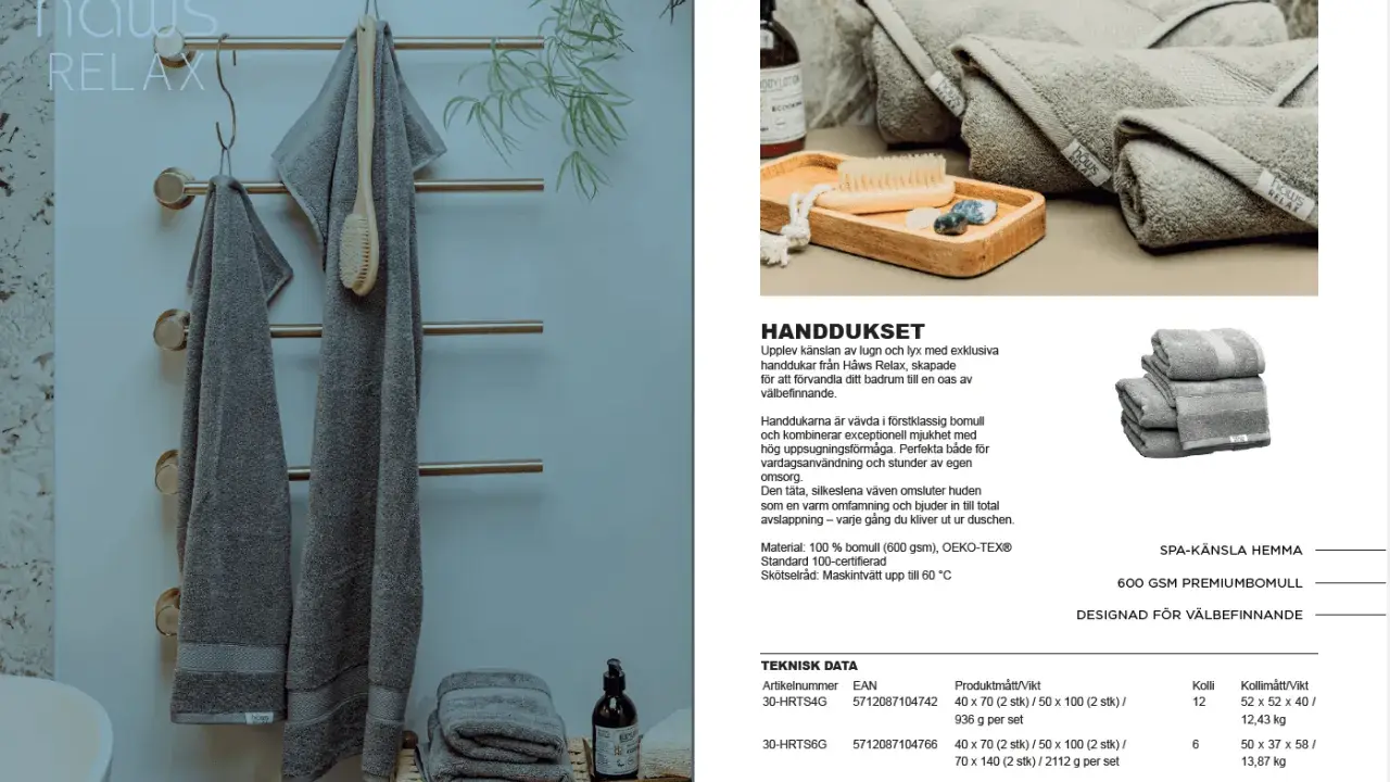 Grå handdukar i mjuk bomull, 600 GSM, för en lyxig spa-känsla hemma. Materialet ger hög uppsugningsförmåga.