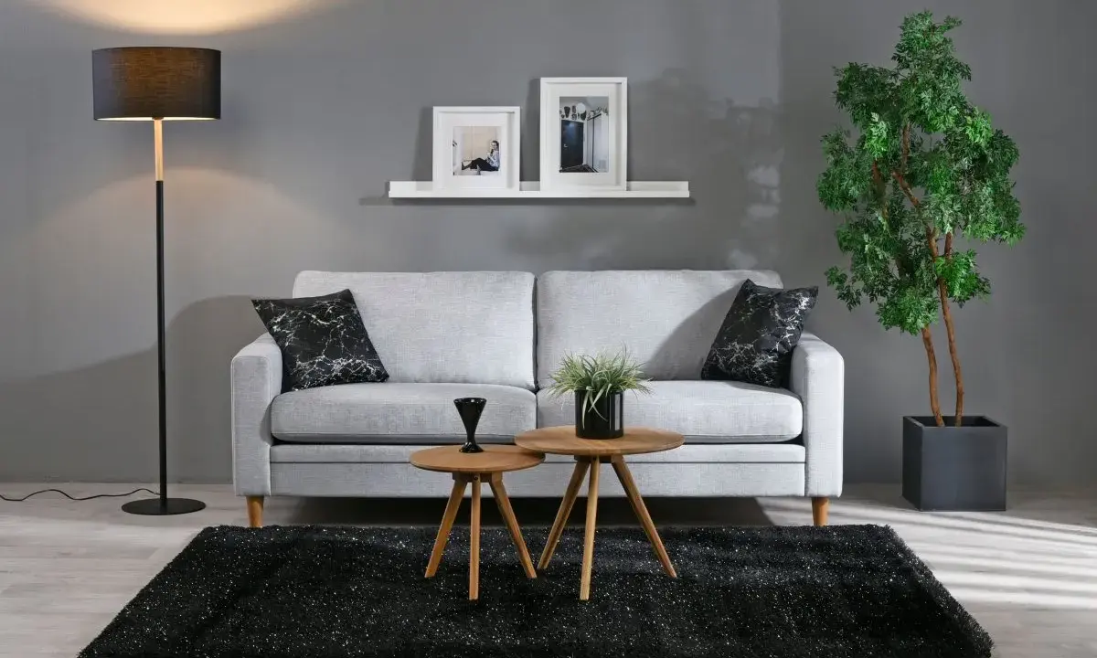 Grå soffa med svarta kuddar, två runda träbord, svart matta och golvlampa. Bra inredningstips för ett modernt vardagsrum.