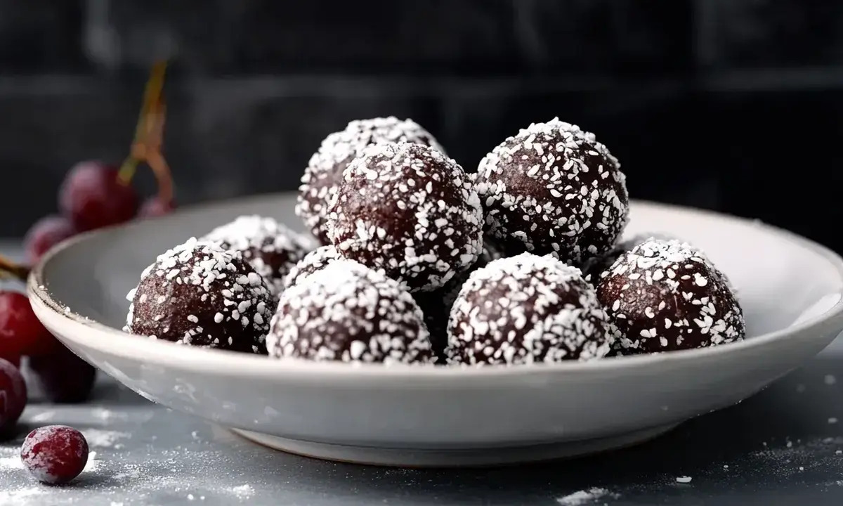 En skål med chokladbollar, perfekta för ett enkelt chokladbollar recept. Garnerade med kokosflingor och med några körsbär bredvid.
