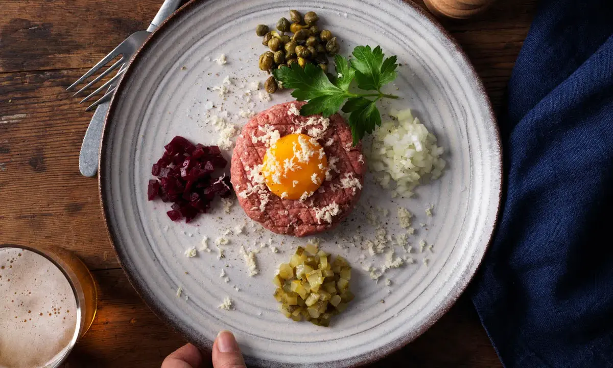 En tallrik med råbiff recept, toppad med äggula, omgiven av hackad rödbet, kapris, persilja, lök och gurka.