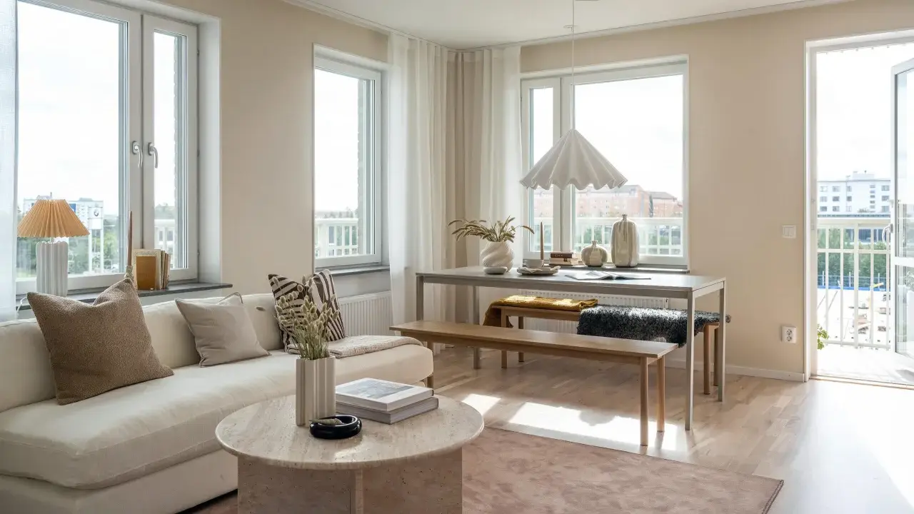 Ljust vardagsrum med soffa, soffbord och matplats. En taklampa i tyg ger ett mjukt ljus, en design klassiker som skapar atmosfär.