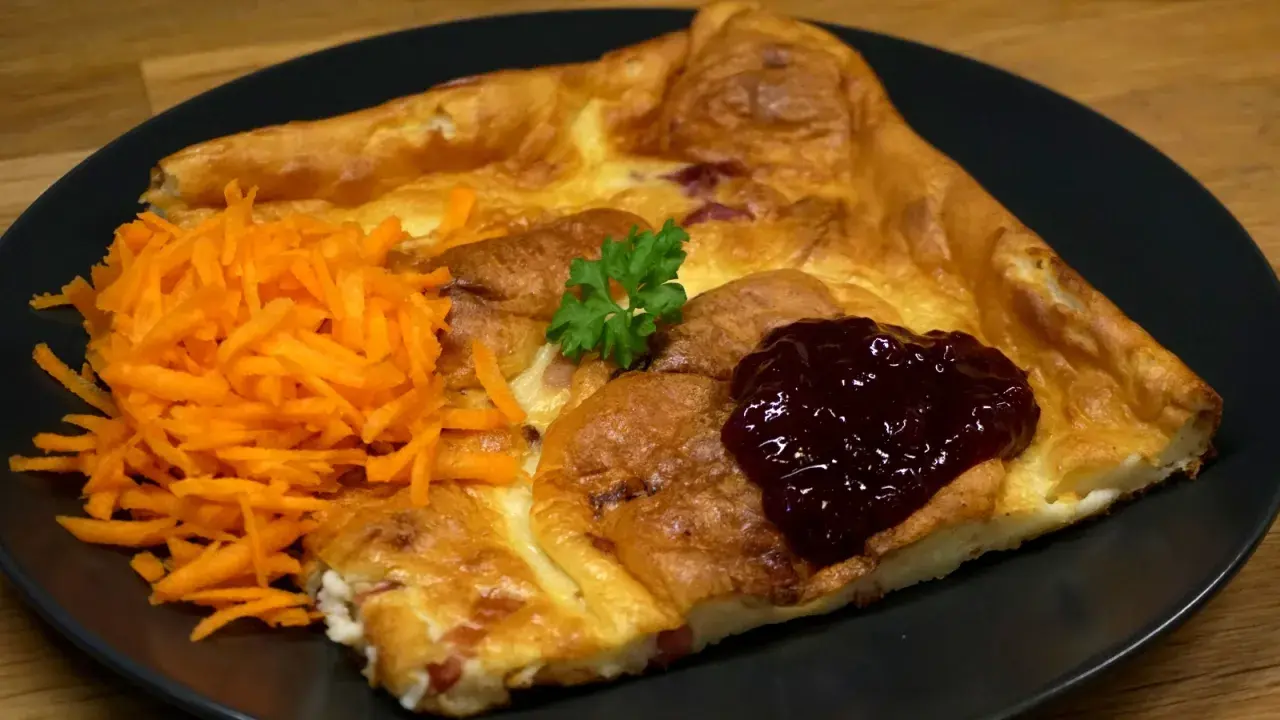 En gyllene tjockpannkaka med sylt och riven morot, perfekt för ett tjockpannkaka recept.