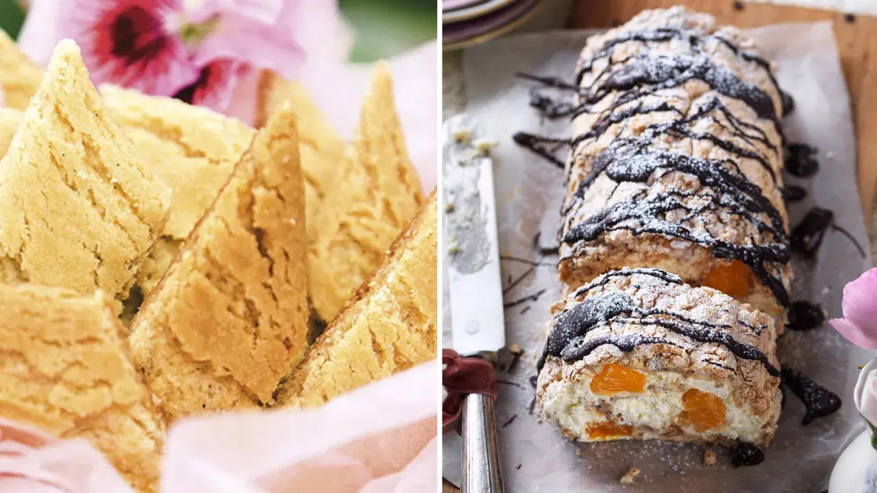 Två härliga bakverk för fika: gyllene småkakor och en rulltårta med aprikoser och choklad. Perfekta fika recept!