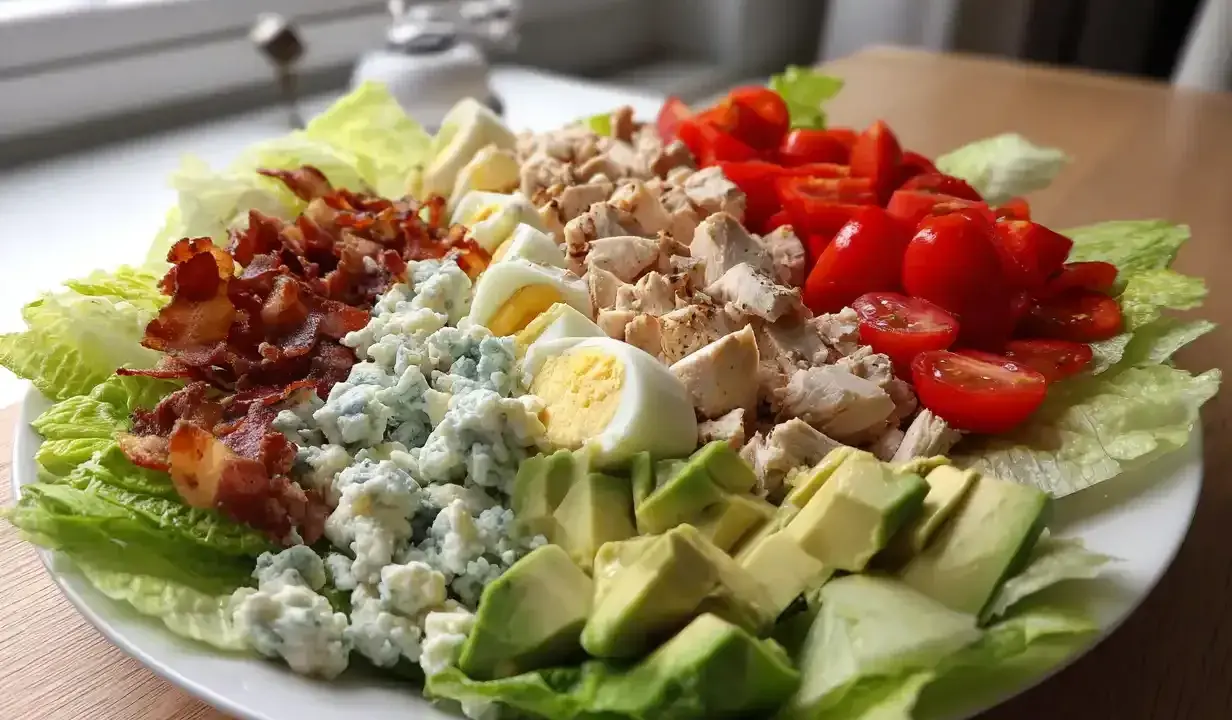 En härlig cobb salad med krispig sallad, kyckling, bacon, ägg, tomater, blåmögelost och avokado.