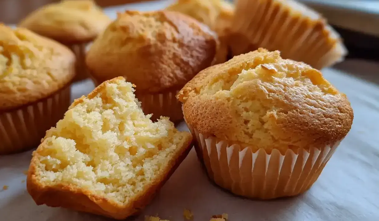 Nybakade glutenfria muffins, en är uppäten och visar det fluffiga inkråmet. Perfekt för fikat!