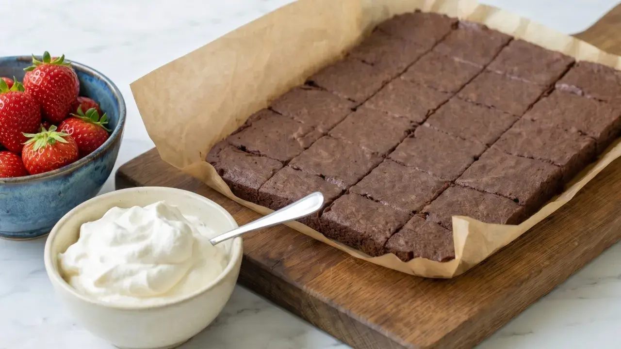 En kladdkaka i långpanna, uppskuren i rutor, serveras med vispad grädde och färska jordgubbar. Perfekt för fikat!