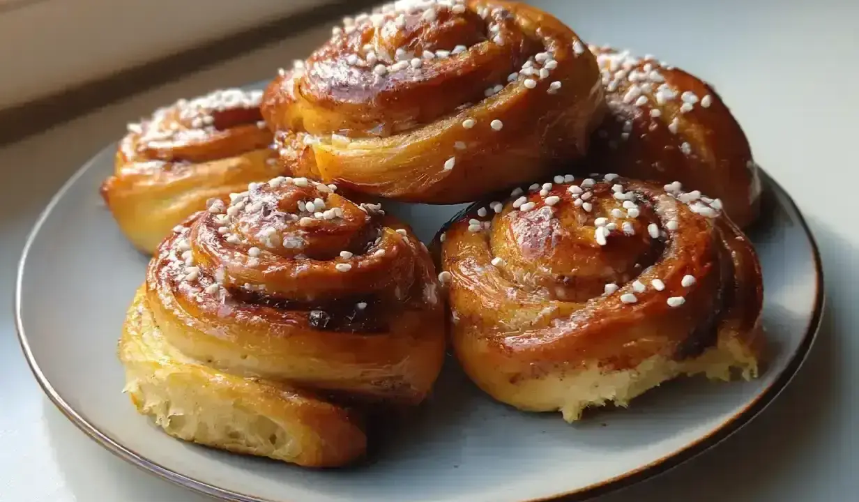 Fem gyllene kanelbullar med pärlsocker på en ljusblå tallrik. Perfekt för ett kanelbullar recept.