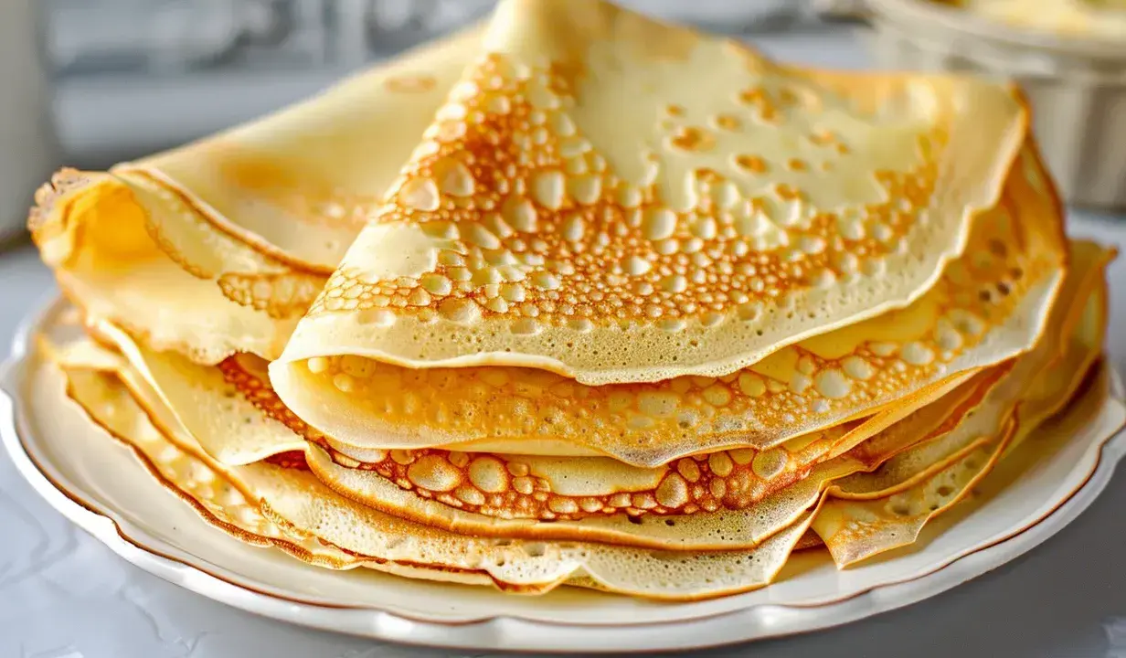 En hög med gyllene pannkakor, perfekta för ett enkelt pannkakor recept. De ser fluffiga och läckra ut, redo att serveras med sylt eller grädde.