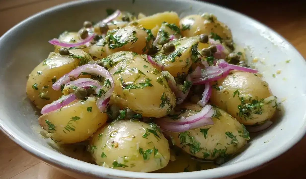 En skål med härlig hemmagjord potatissallad med dill, kapris och rödlök. Perfekt till sommarmaten!