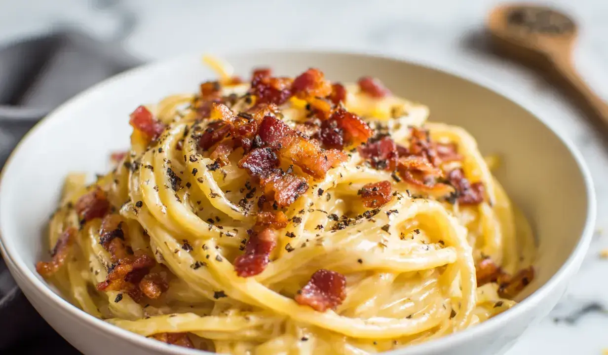 En skål med krämig, klassisk carbonara med knaprigt bacon och nymalen svartpeppar.