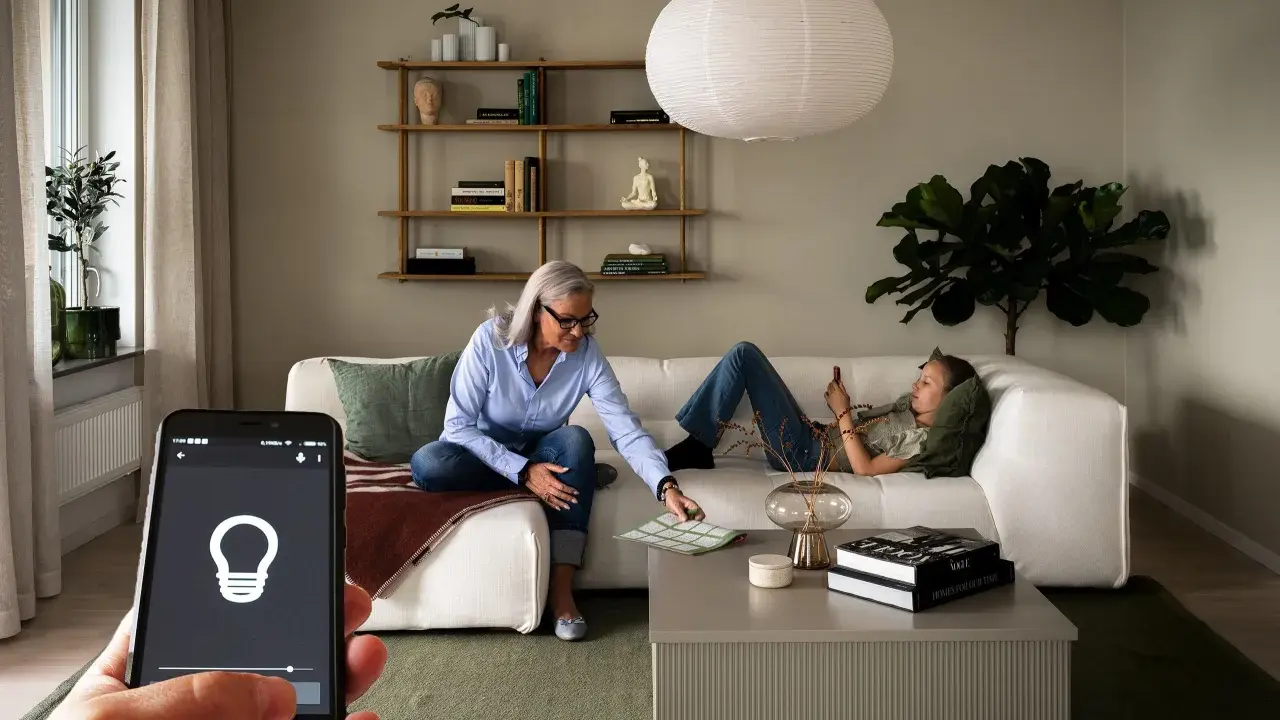 En kvinna och en tonåring kopplar av i ett vardagsrum med modern, begagnad inredning. En mobiltelefon visar en ljusapp.