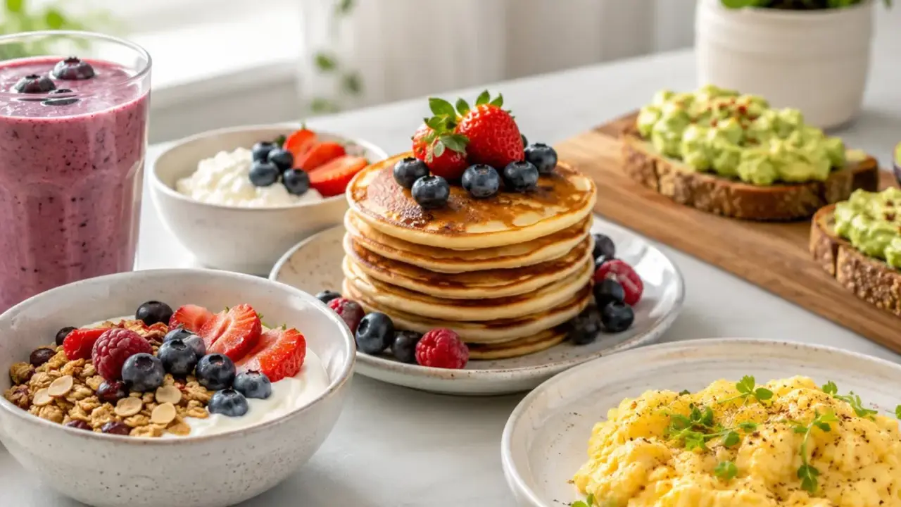 En härlig frukostbuffé med pannkakor, yoghurt med bär, smoothie och äggröra. Perfekt för ett proteinrikt frukost recept!
