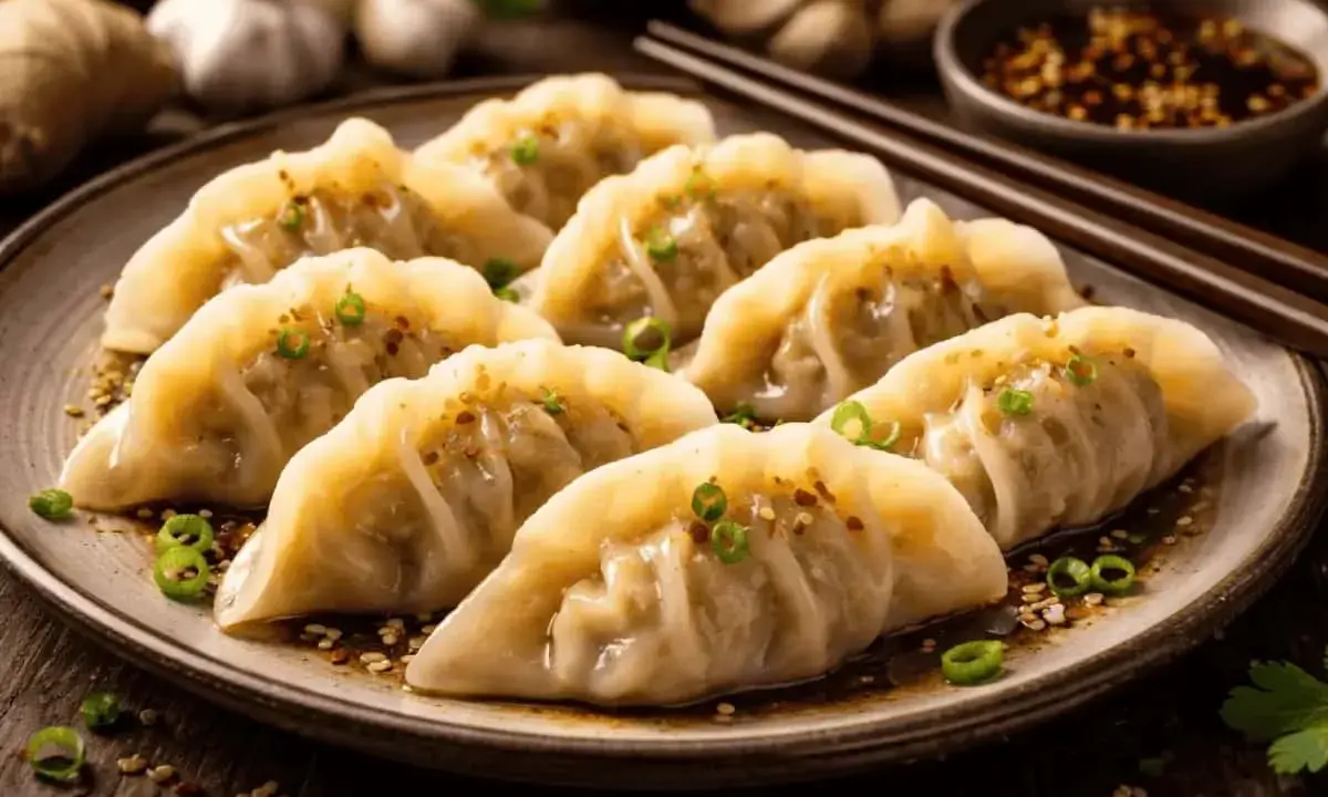 En tallrik med åtta gyllene dumplings, garnerade med grön lök och sesamfrön. Perfekt för ett hemlagat dumplings recept.