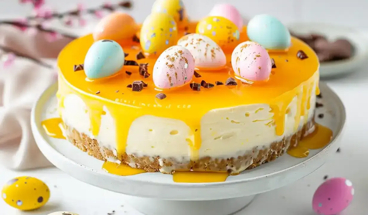 En vacker cheesecake påsk med gul glasyr och dekorerade påskägg.