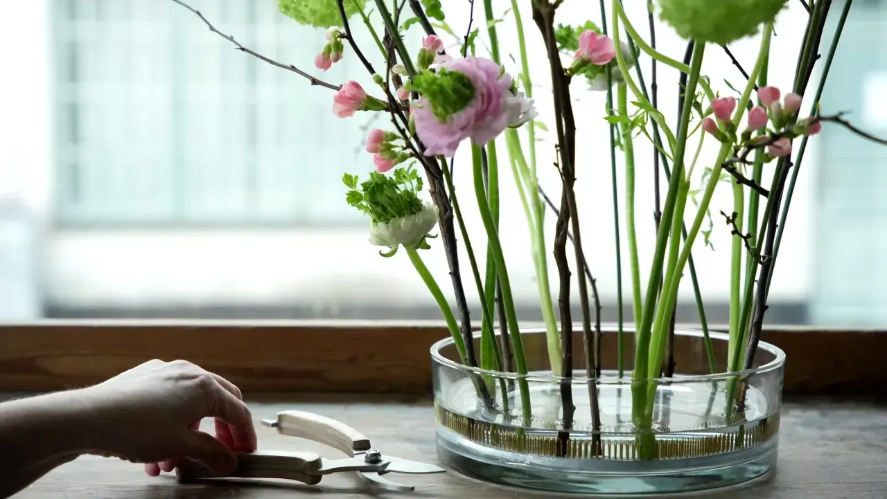 En hand förbereder vanliga snittblommor i en glasvas med en blomstergaffel. Rosa blommor och gröna detaljer skapar en vacker bukett.